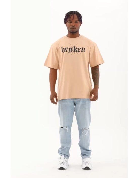 Unisex Oversize Baskılı Bisiklet Yaka T-Shirt - Bej