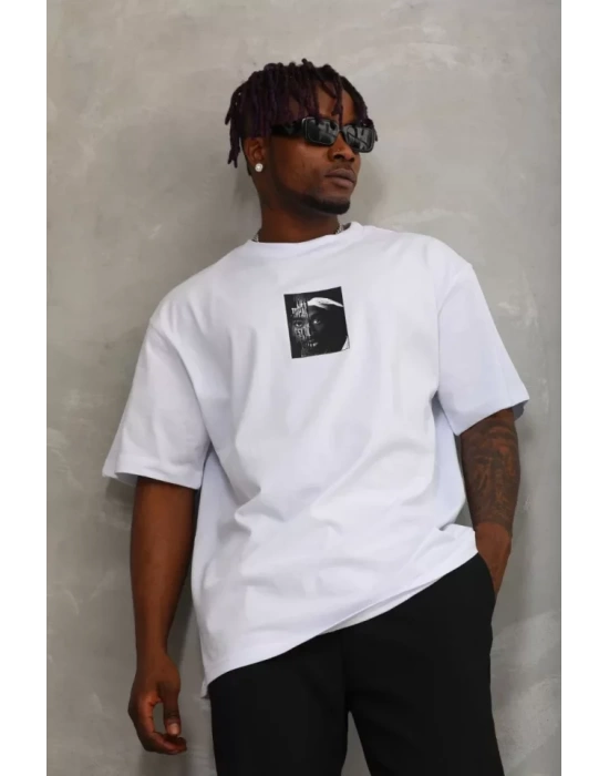 Unisex Oversize Baskılı Bisiklet Yaka T-Shirt - Beyaz