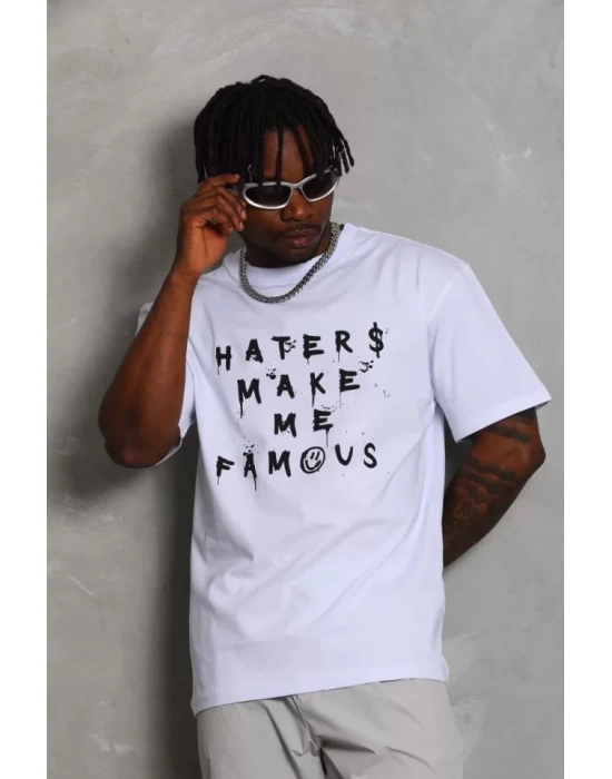 Unisex Oversize Baskılı Bisiklet Yaka T-Shirt - Beyaz