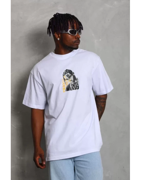 Unisex Oversize Baskılı Bisiklet Yaka T-Shirt - Beyaz