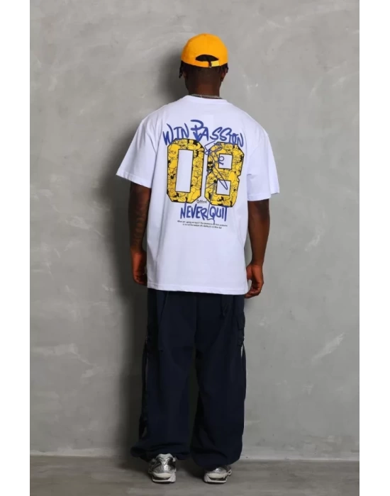 Unisex Oversize Baskılı Bisiklet Yaka T-Shirt - Beyaz