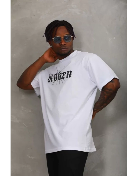 Unisex Oversize Baskılı Bisiklet Yaka T-Shirt - Beyaz