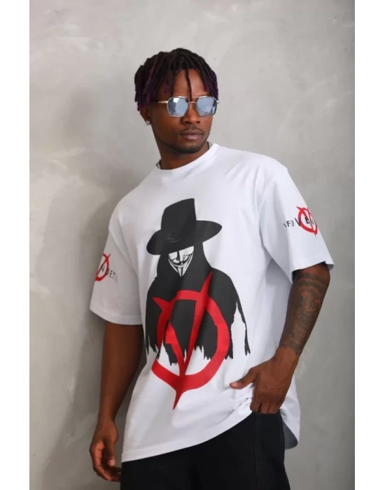 Unisex Oversize Baskılı Bisiklet Yaka T-Shirt - Beyaz