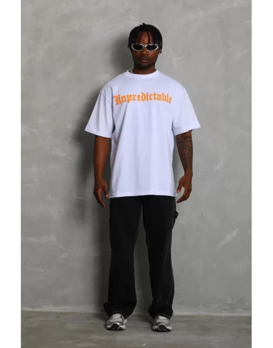 Unisex Oversize Baskılı Bisiklet Yaka T-Shirt - Beyaz