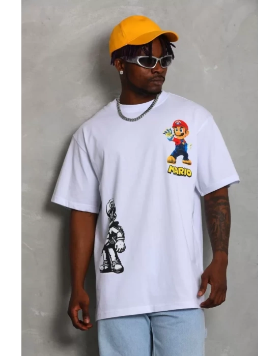 Unisex Oversize Baskılı Bisiklet Yaka T-Shirt - Beyaz