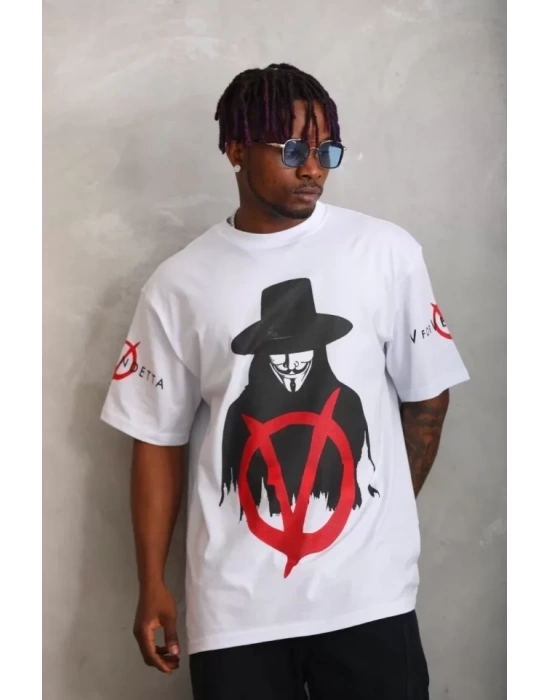 Unisex Oversize Baskılı Bisiklet Yaka T-Shirt - Beyaz