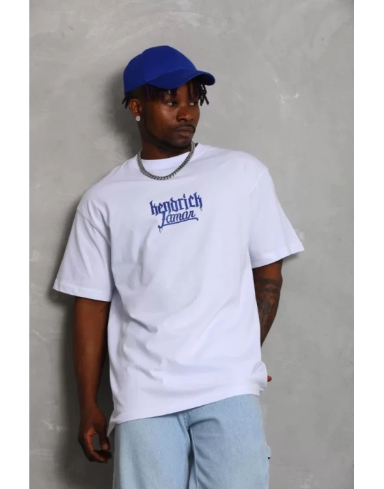 Unisex Oversize Baskılı Bisiklet Yaka T-Shirt - Beyaz