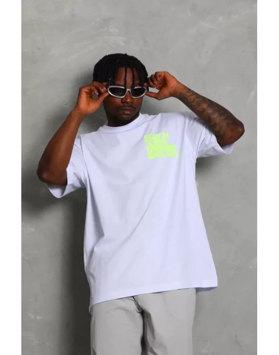 Unisex Oversize Baskılı Bisiklet Yaka T-Shirt - Beyaz