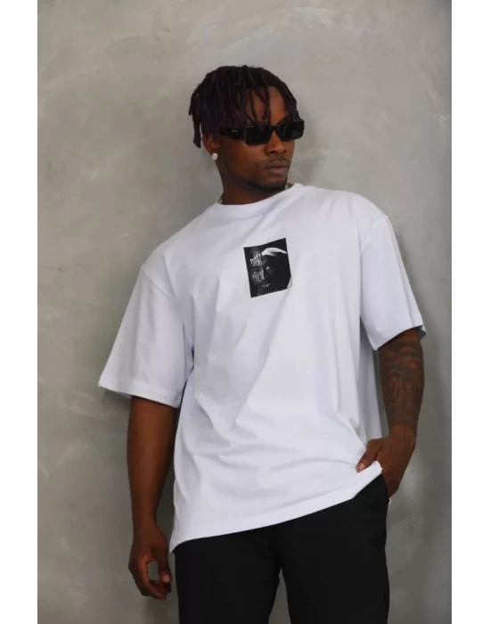 Unisex Oversize Baskılı Bisiklet Yaka T-Shirt - Beyaz