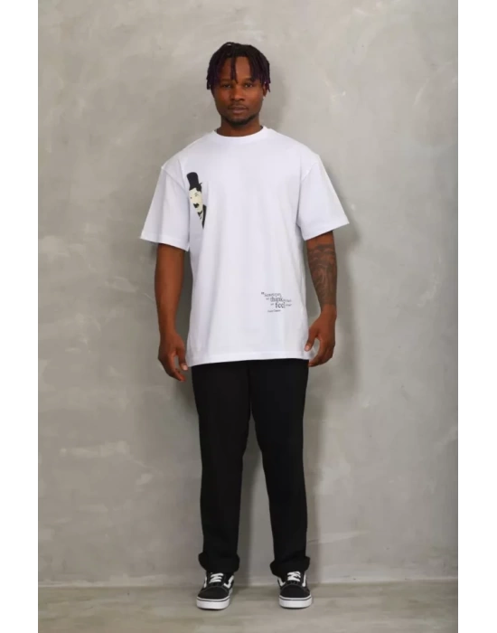 Unisex Oversize Baskılı Bisiklet Yaka T-Shirt - Beyaz