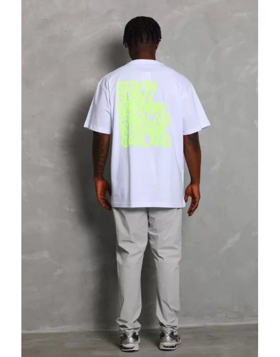 Unisex Oversize Baskılı Bisiklet Yaka T-Shirt - Beyaz