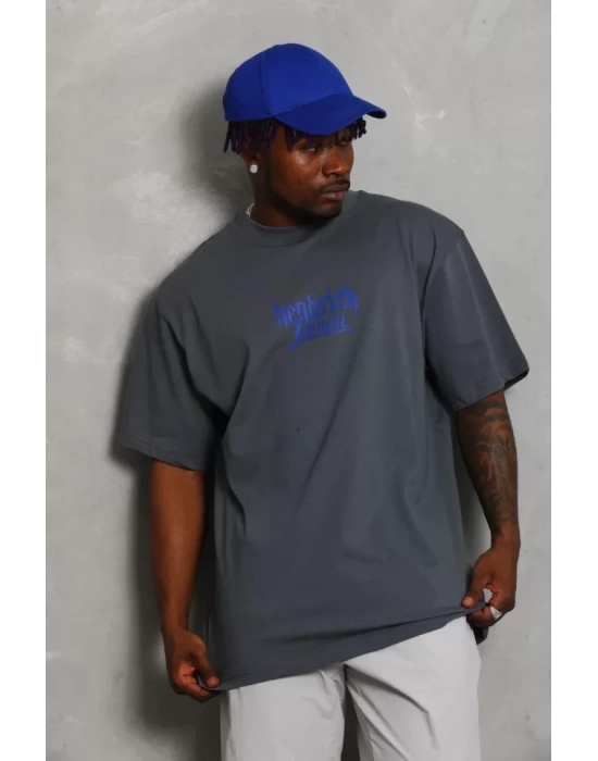 Unisex Oversize Baskılı Bisiklet Yaka T-Shirt - Füme