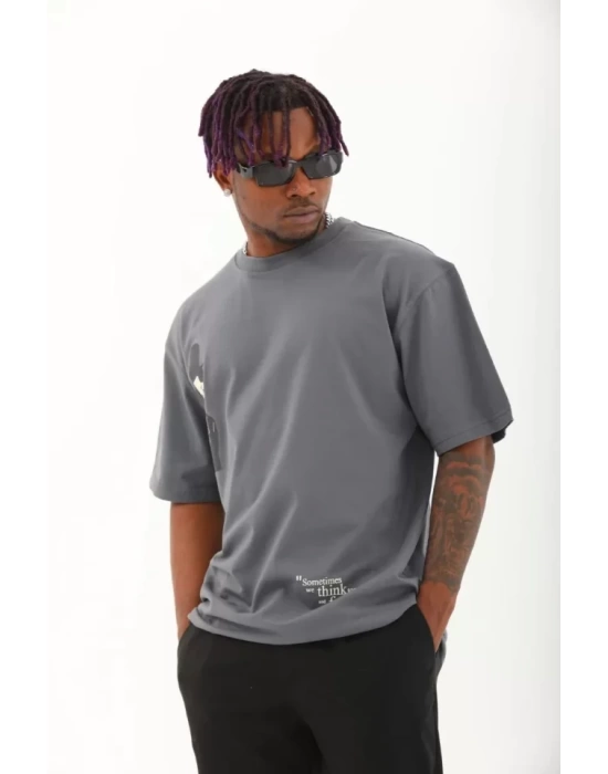 Unisex Oversize Baskılı Bisiklet Yaka T-Shirt - Füme
