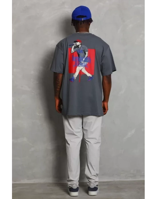 Unisex Oversize Baskılı Bisiklet Yaka T-Shirt - Füme