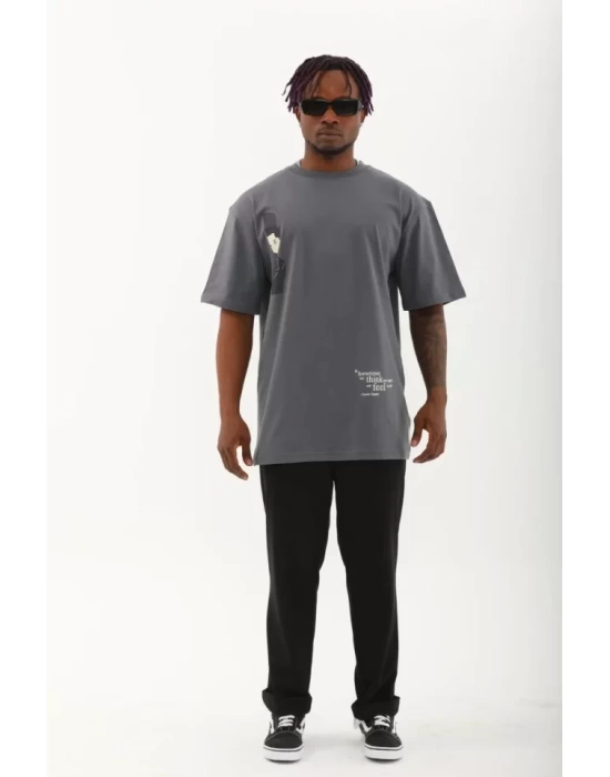 Unisex Oversize Baskılı Bisiklet Yaka T-Shirt - Füme
