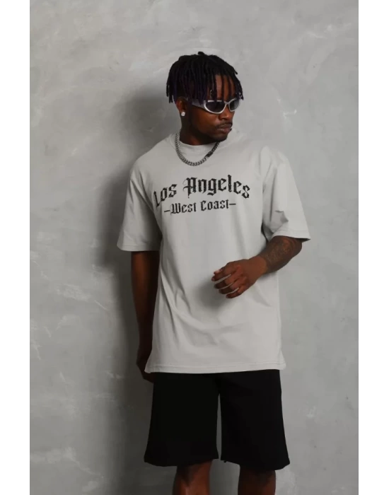 Unisex Oversize Baskılı Bisiklet Yaka T-Shirt - Gri