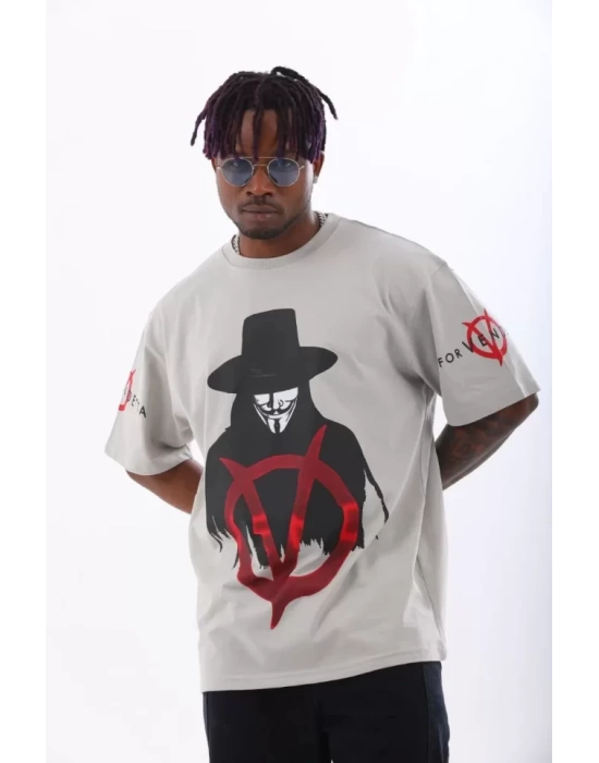 Unisex Oversize Baskılı Bisiklet Yaka T-Shirt - Gri