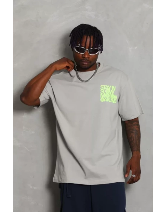 Unisex Oversize Baskılı Bisiklet Yaka T-Shirt - Gri