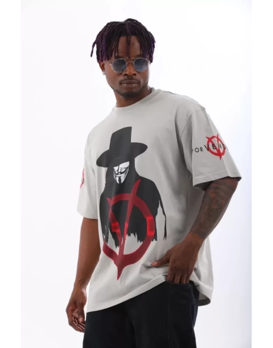 Unisex Oversize Baskılı Bisiklet Yaka T-Shirt - Gri