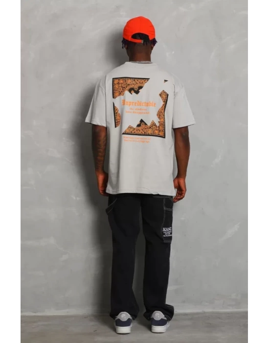 Unisex Oversize Baskılı Bisiklet Yaka T-Shirt - Gri