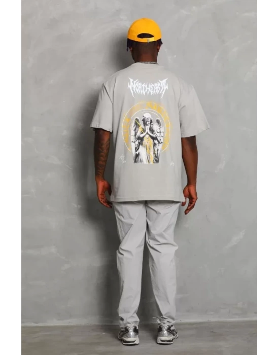 Unisex Oversize Baskılı Bisiklet Yaka T-Shirt - Gri