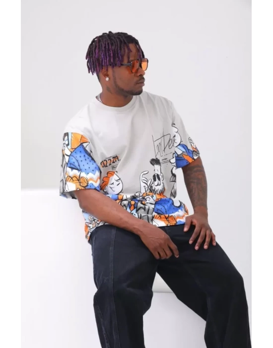 Unisex Oversize Baskılı Bisiklet Yaka T-Shirt - Gri