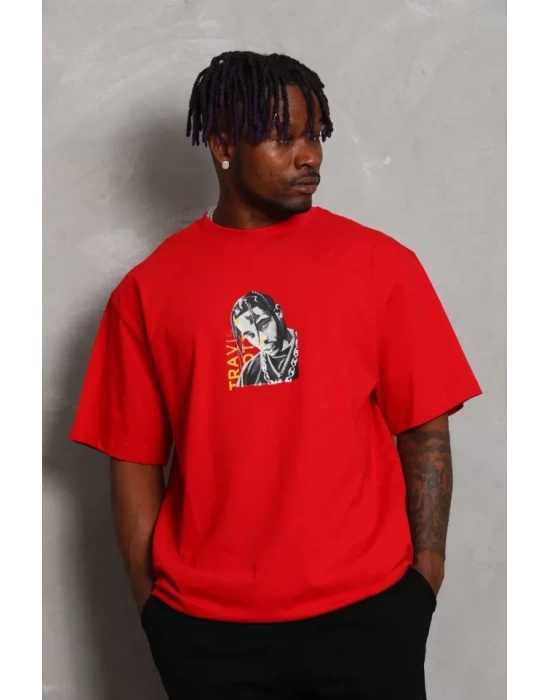 Unisex Oversize Baskılı Bisiklet Yaka T-Shirt - Kırmızı