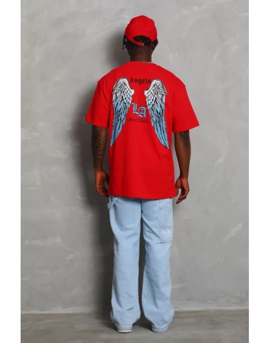 Unisex Oversize Baskılı Bisiklet Yaka T-Shirt - Kırmızı