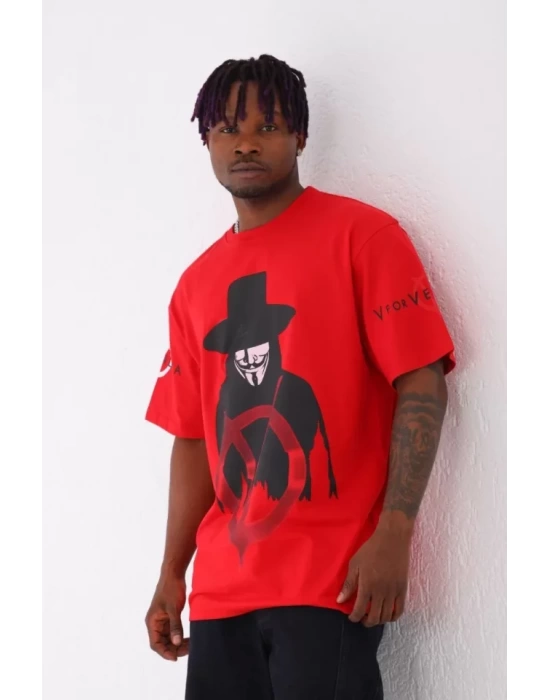 Unisex Oversize Baskılı Bisiklet Yaka T-Shirt - Kırmızı
