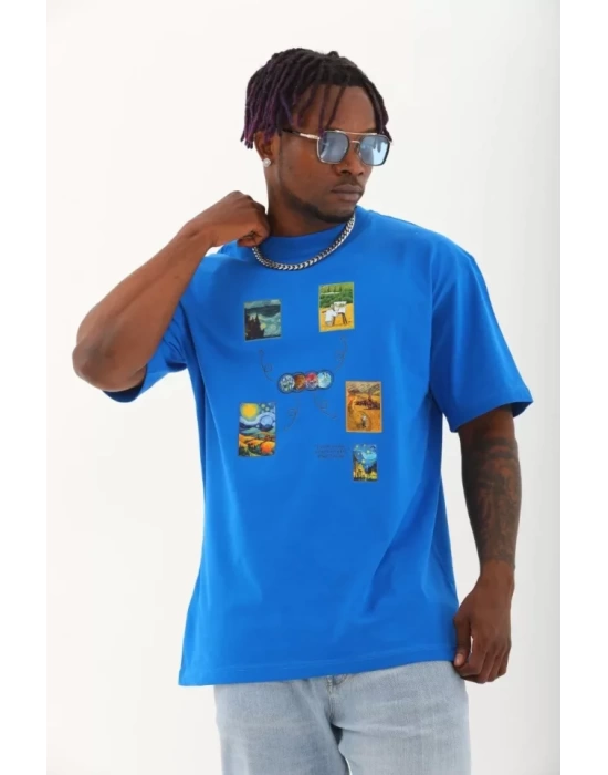 Unisex Oversize Baskılı Bisiklet Yaka T-Shirt - Mavi