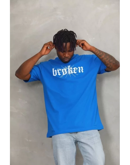 Unisex Oversize Baskılı Bisiklet Yaka T-Shirt - Mavi