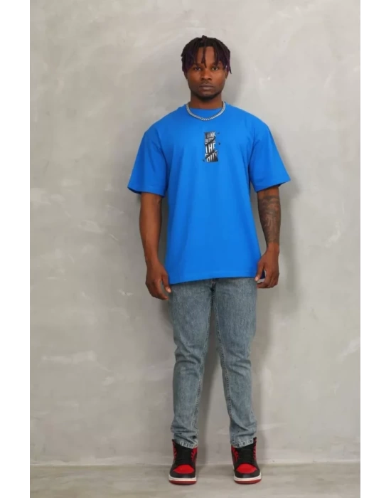 Unisex Oversize Baskılı Bisiklet Yaka T-Shirt - Mavi
