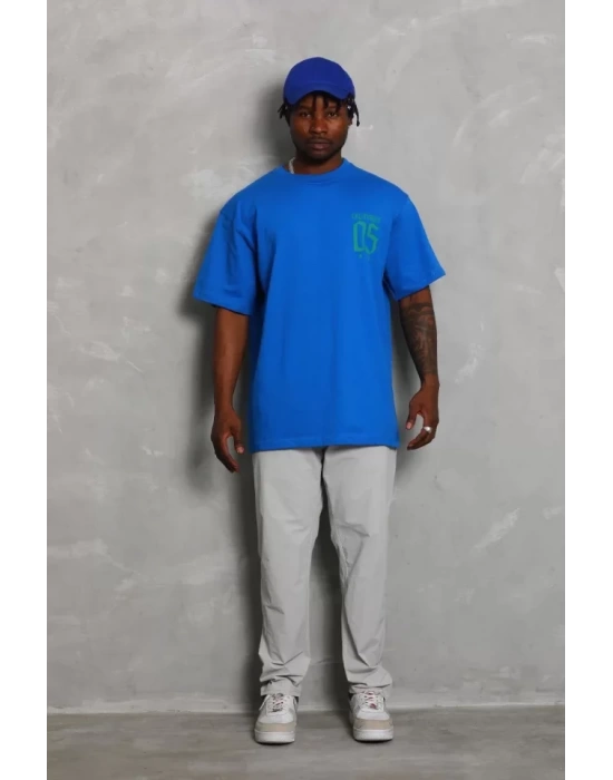 Unisex Oversize Baskılı Bisiklet Yaka T-Shirt - Mavi