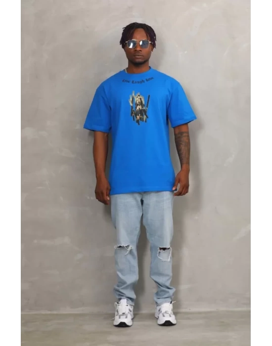 Unisex Oversize Baskılı Bisiklet Yaka T-Shirt - Mavi
