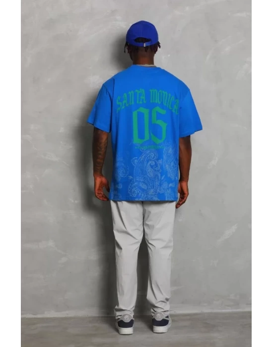 Unisex Oversize Baskılı Bisiklet Yaka T-Shirt - Mavi