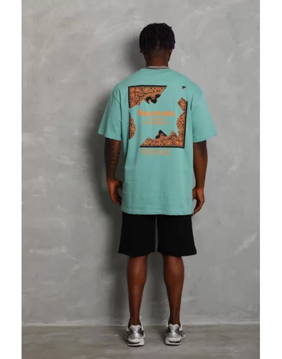 Unisex Oversize Baskılı Bisiklet Yaka T-Shirt - Mint Yeşili