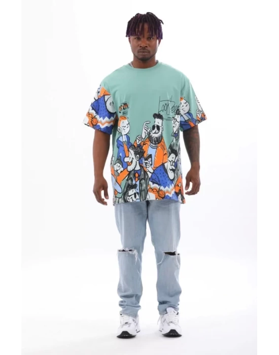 Unisex Oversize Baskılı Bisiklet Yaka T-Shirt - Mint Yeşili