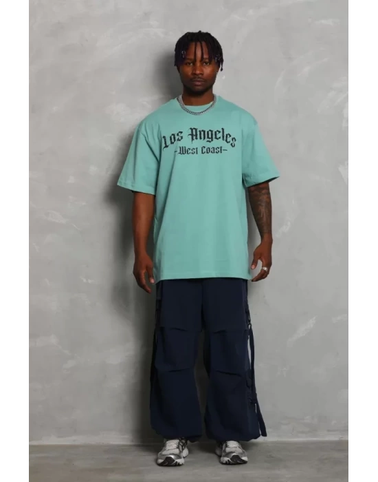 Unisex Oversize Baskılı Bisiklet Yaka T-Shirt - Mint Yeşili