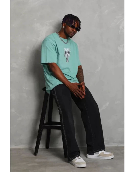 Unisex Oversize Baskılı Bisiklet Yaka T-Shirt - Mint Yeşili