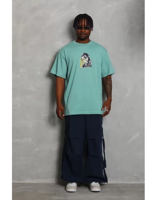 Unisex Oversize Baskılı Bisiklet Yaka T-Shirt - Mint Yeşili