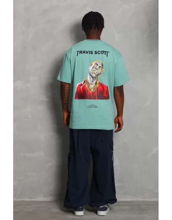 Unisex Oversize Baskılı Bisiklet Yaka T-Shirt - Mint Yeşili