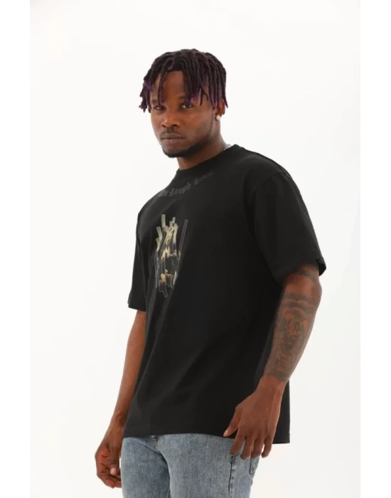 Unisex Oversize Baskılı Bisiklet Yaka T-Shirt - Siyah