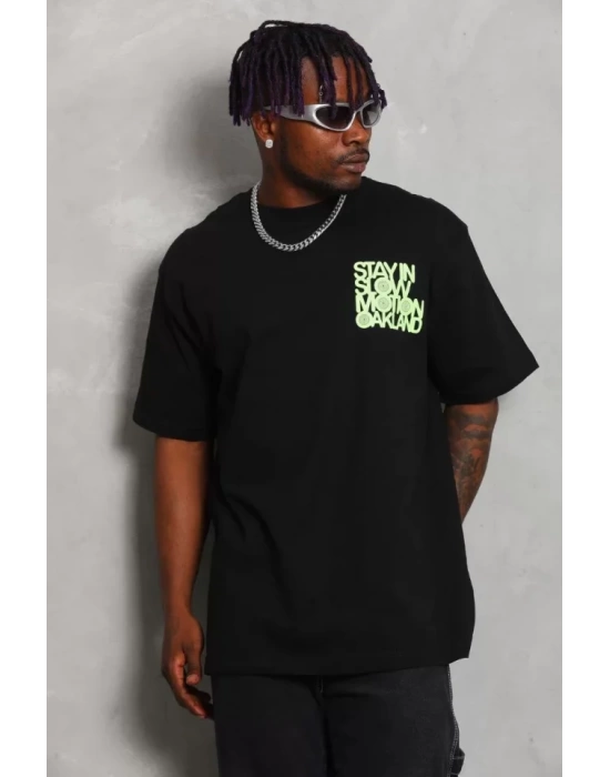 Unisex Oversize Baskılı Bisiklet Yaka T-Shirt - Siyah