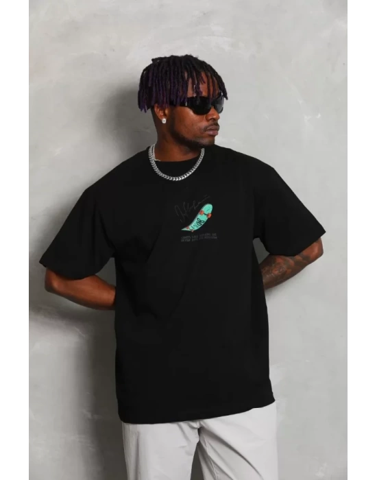 Unisex Oversize Baskılı Bisiklet Yaka T-Shirt - Siyah