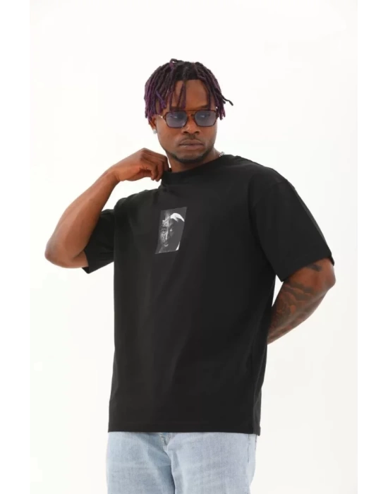 Unisex Oversize Baskılı Bisiklet Yaka T-Shirt - Siyah
