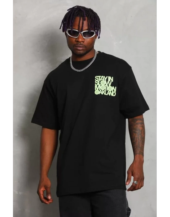 Unisex Oversize Baskılı Bisiklet Yaka T-Shirt - Siyah