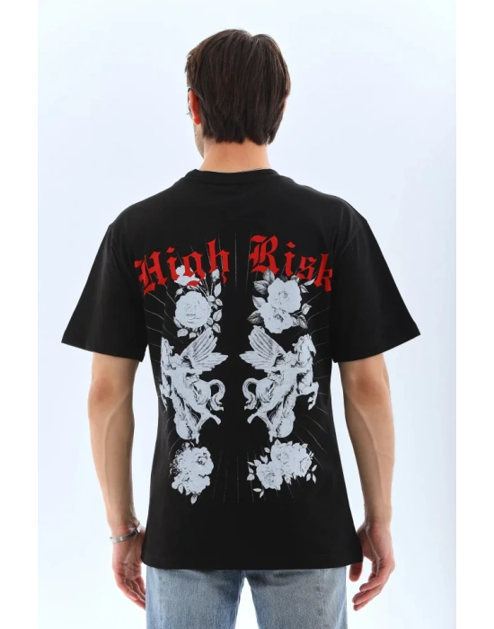 Unisex Oversize Baskılı Bisiklet Yaka T-Shirt - Siyah