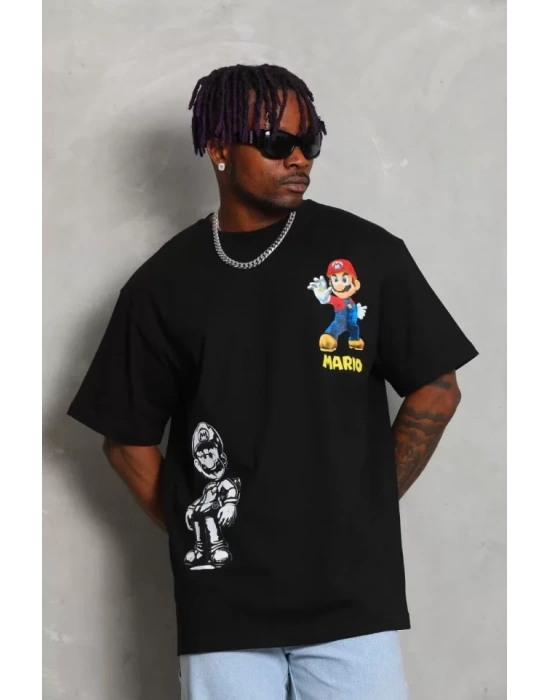 Unisex Oversize Baskılı Bisiklet Yaka T-Shirt - Siyah
