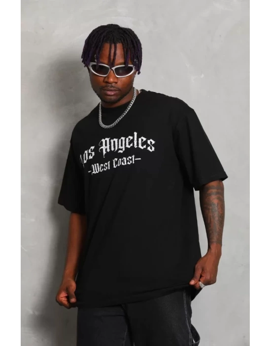 Unisex Oversize Baskılı Bisiklet Yaka T-Shirt - Siyah
