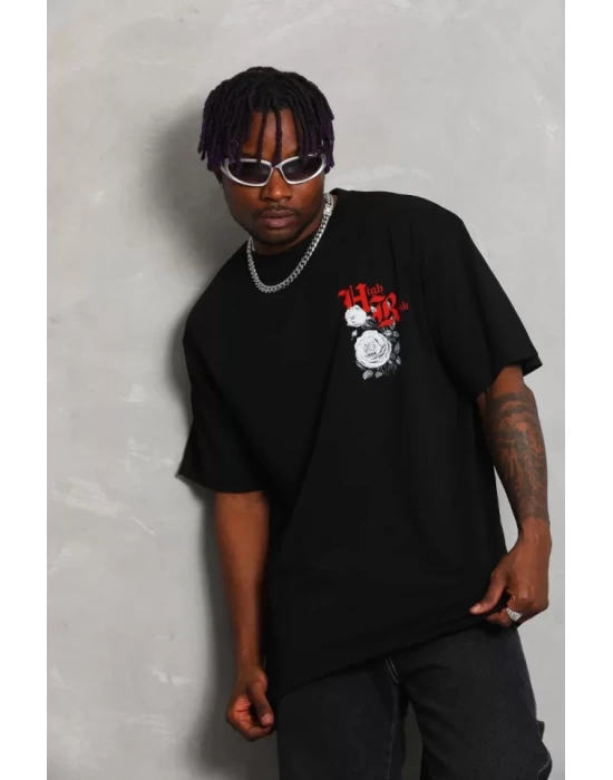 Unisex Oversize Baskılı Bisiklet Yaka T-Shirt - Siyah
